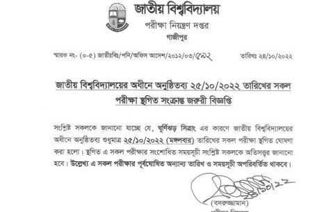 ঘূর্ণিঝড় সিত্রাং; জাতীয় বিশ্ববিদ্যালয়ের অধীনে অনুষ্ঠিতব্য কালকের সব পরীক্ষা স্থগিত